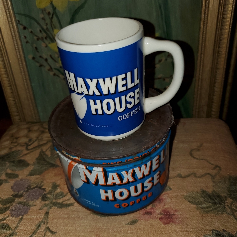 Collectible Tin Litho Advertising Can Ceramic Mug Maxwell House Coffee